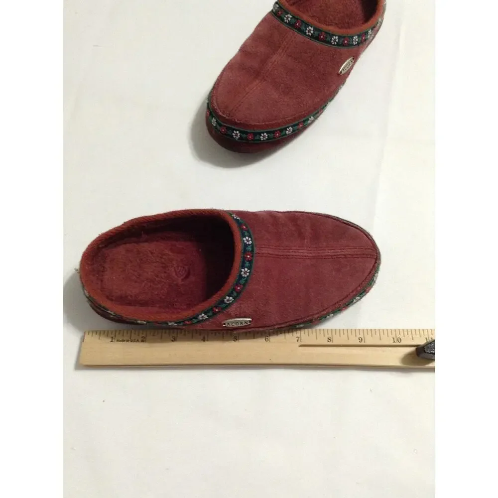 Acorn Womens Suede Clog Slippers Size WS 5-6 Red Raisin Floral Woven Trim Mule
